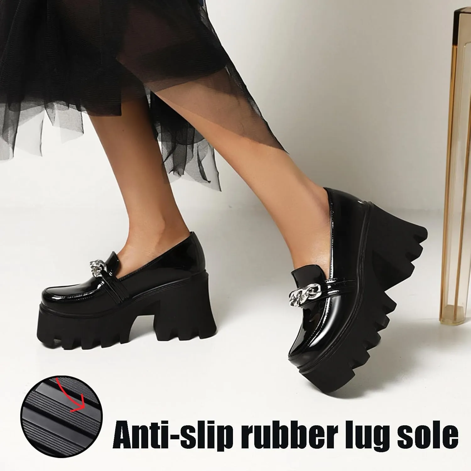 Women's Leather Chain Chunky Platform Dress Loafers Square Toe Slip on Lug Sole Work Business Formal Shoes Daily Non-Slip Height Increase Casual Shoes