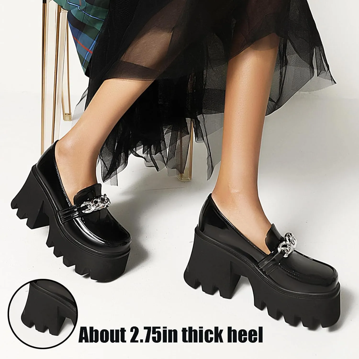 Women's Leather Chain Chunky Platform Dress Loafers Square Toe Slip on Lug Sole Work Business Formal Shoes Daily Non-Slip Height Increase Casual Shoes