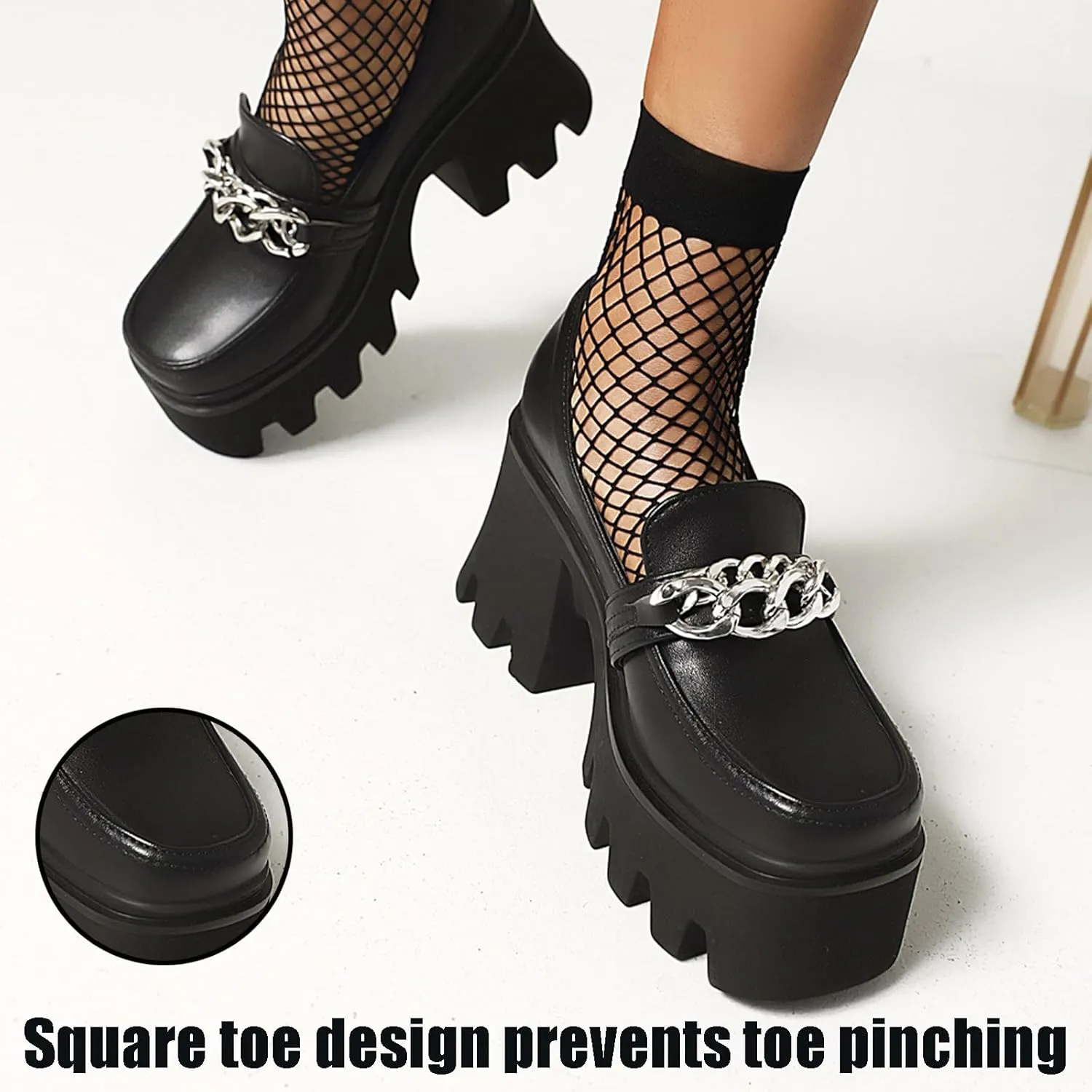 Women's Leather Chain Chunky Platform Dress Loafers Square Toe Slip on Lug Sole Work Business Formal Shoes Daily Non-Slip Height Increase Casual Shoes
