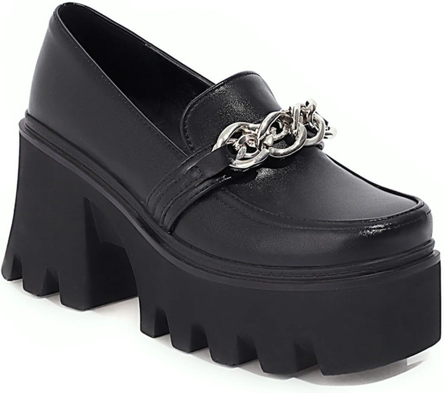 Women's Leather Chain Chunky Platform Dress Loafers Square Toe Slip on Lug Sole Work Business Formal Shoes Daily Non-Slip Height Increase Casual Shoes