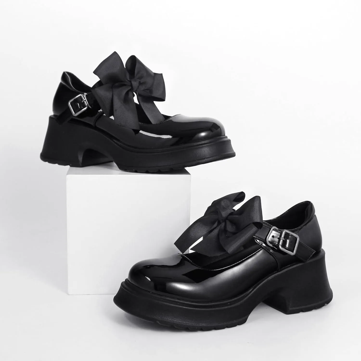 Women's Mary Janes Platform Chunky Block Heels Work Wedding Shoes Ankle Strap Gothic Lolita Oxfords Detachable Bow Classic Comfortable Uniform Dress Shoes