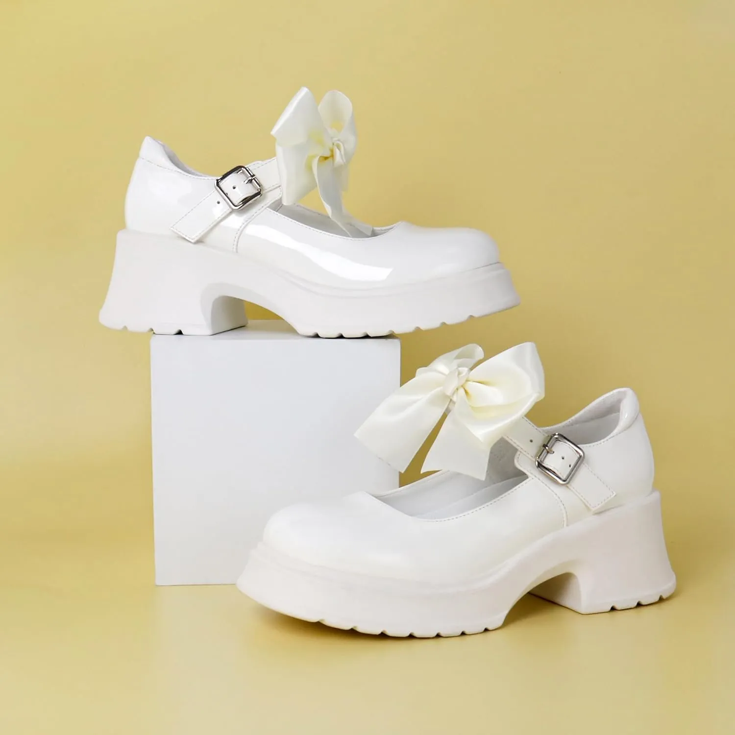 Women's Mary Janes Platform Chunky Block Heels Work Wedding Shoes Ankle Strap Gothic Lolita Oxfords Detachable Bow Classic Comfortable Uniform Dress Shoes