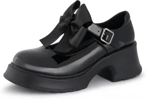 Women's Mary Janes Platform Chunky Block Heels Work Wedding Shoes Ankle Strap Gothic Lolita Oxfords Detachable Bow Classic Comfortable Uniform Dress Shoes