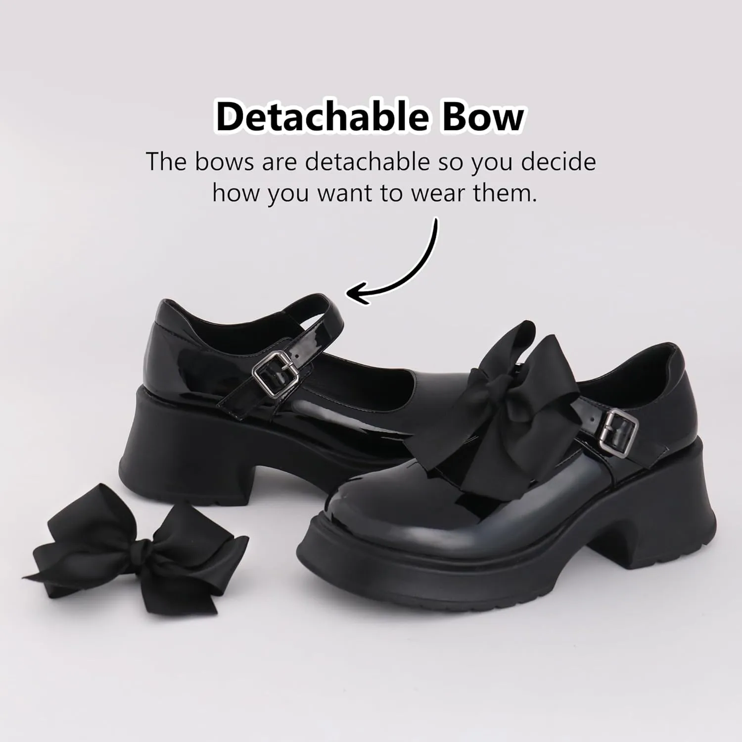 Women's Mary Janes Platform Chunky Block Heels Work Wedding Shoes Ankle Strap Gothic Lolita Oxfords Detachable Bow Classic Comfortable Uniform Dress Shoes