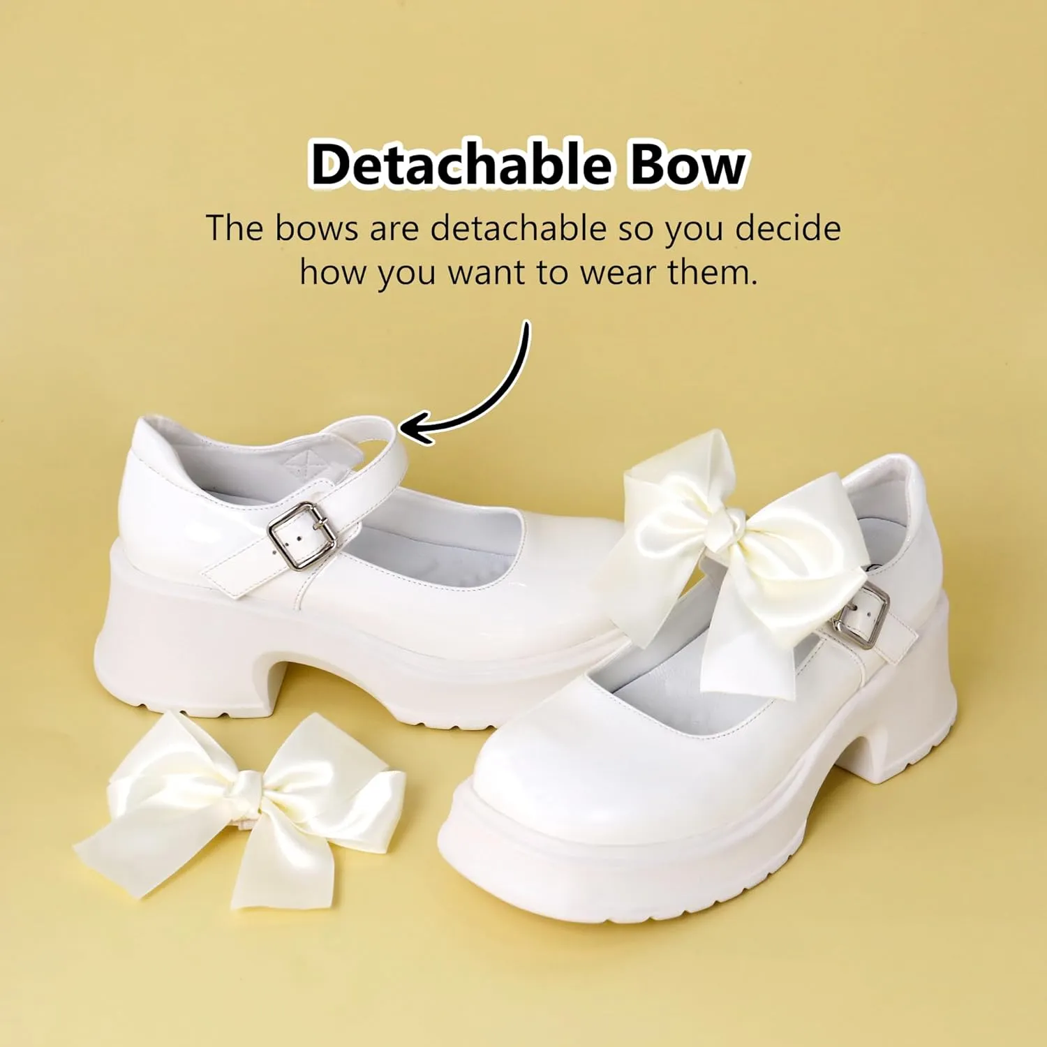 Women's Mary Janes Platform Chunky Block Heels Work Wedding Shoes Ankle Strap Gothic Lolita Oxfords Detachable Bow Classic Comfortable Uniform Dress Shoes