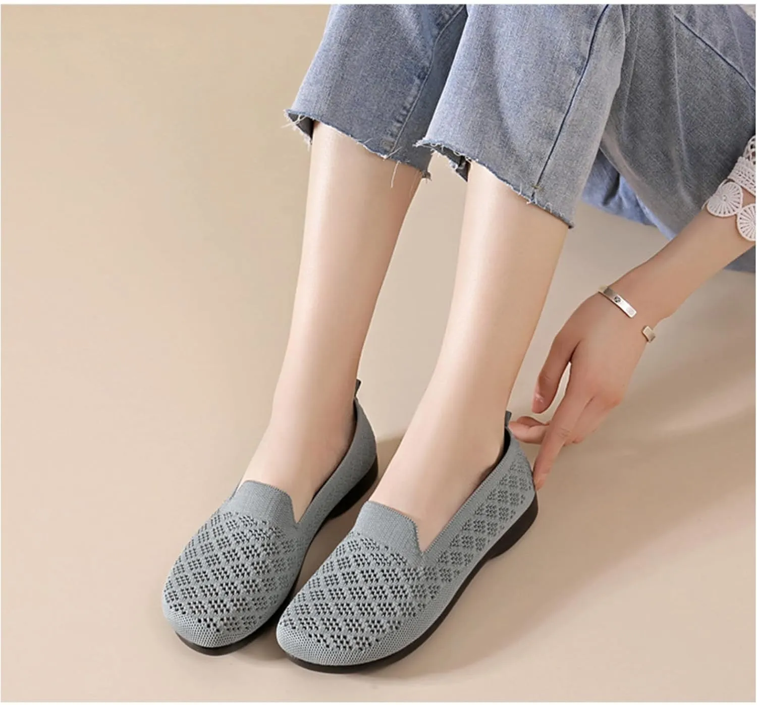 Women's Mesh Cutout Cloth Flats Loafer Shoes Round Toe Comfort Breathable Casual Slip On Walking Shoes for Flexible Workout
