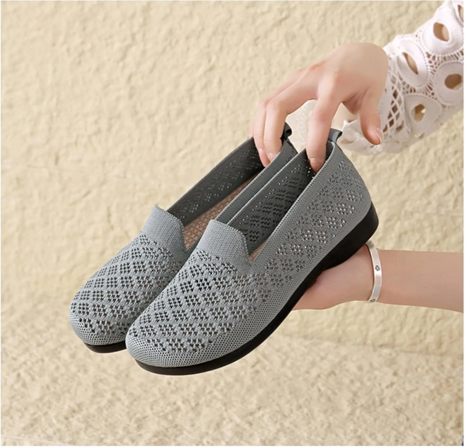 Women's Mesh Cutout Cloth Flats Loafer Shoes Round Toe Comfort Breathable Casual Slip On Walking Shoes for Flexible Workout