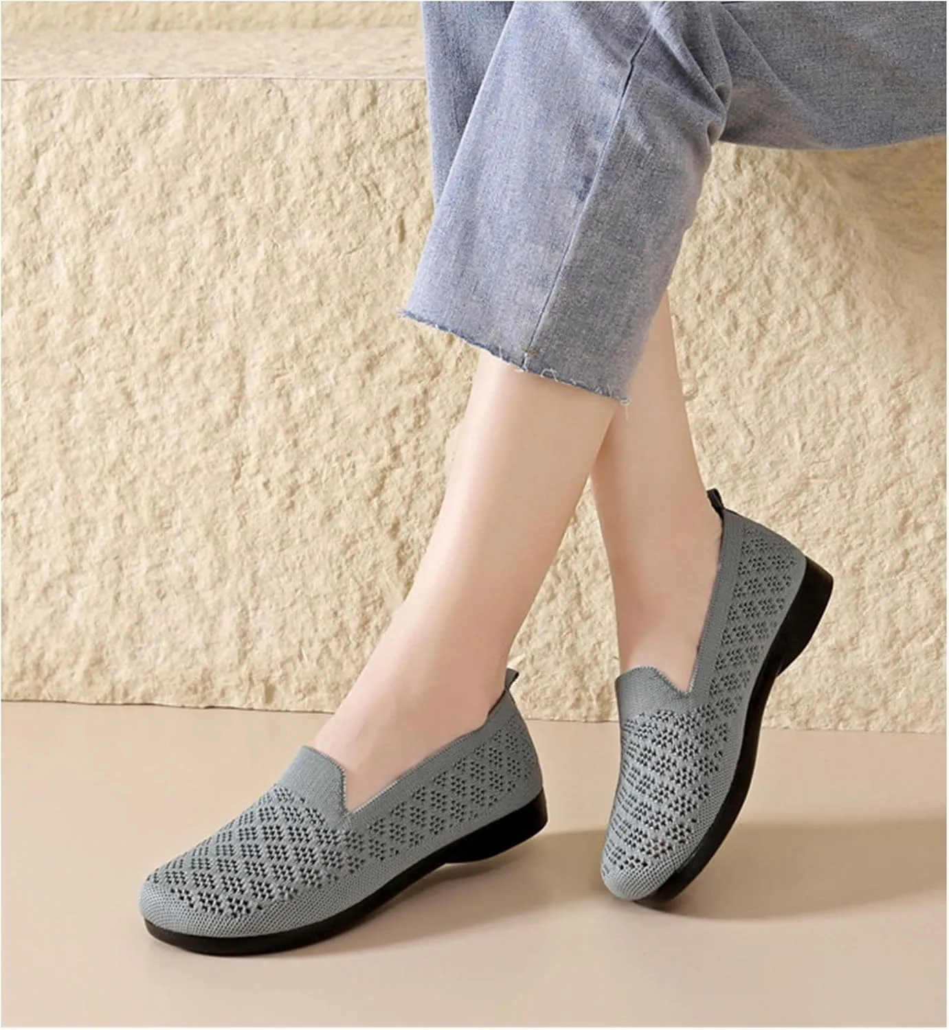 Women's Mesh Cutout Cloth Flats Loafer Shoes Round Toe Comfort Breathable Casual Slip On Walking Shoes for Flexible Workout