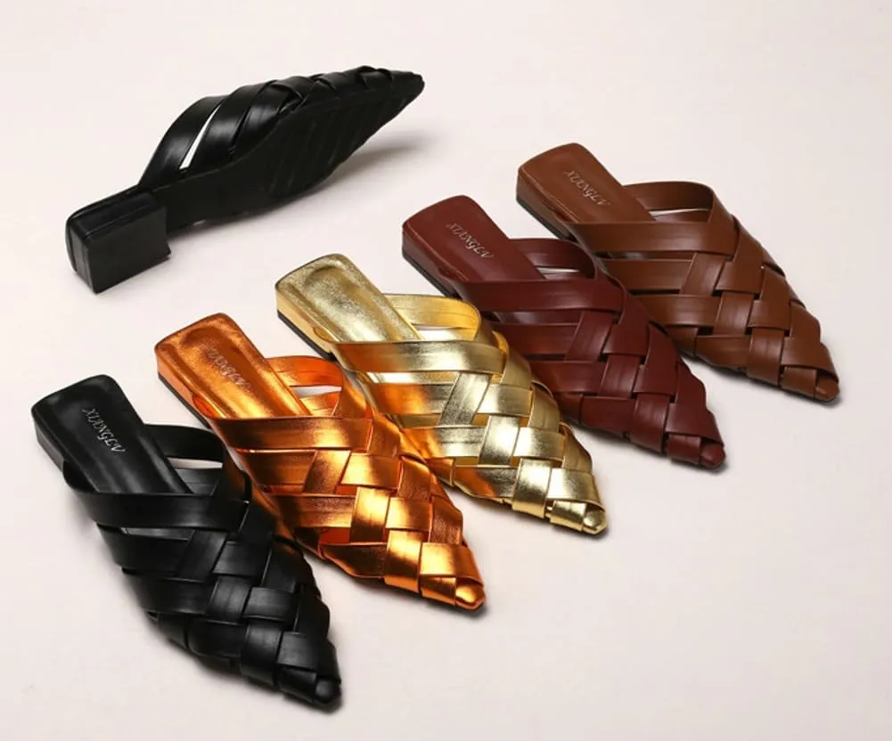 Women's Mules Closed Pointed Toe Leather Hollow Out Braided Backless Slip On Flat Sandals Dress Loafer Shoes 2025