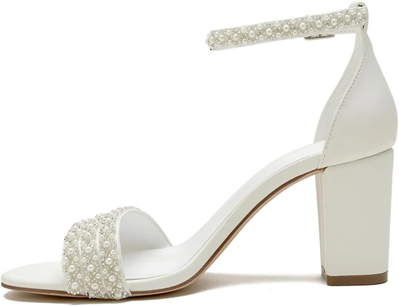 Women's Open Toe Chunky Block Heel Pumps Ankle Buckle Wedding Shoes Pearls Evening Party Dress Shoes Sandals
