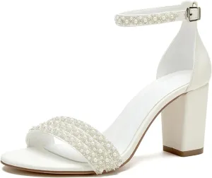 Women's Open Toe Chunky Block Heel Pumps Ankle Buckle Wedding Shoes Pearls Evening Party Dress Shoes Sandals