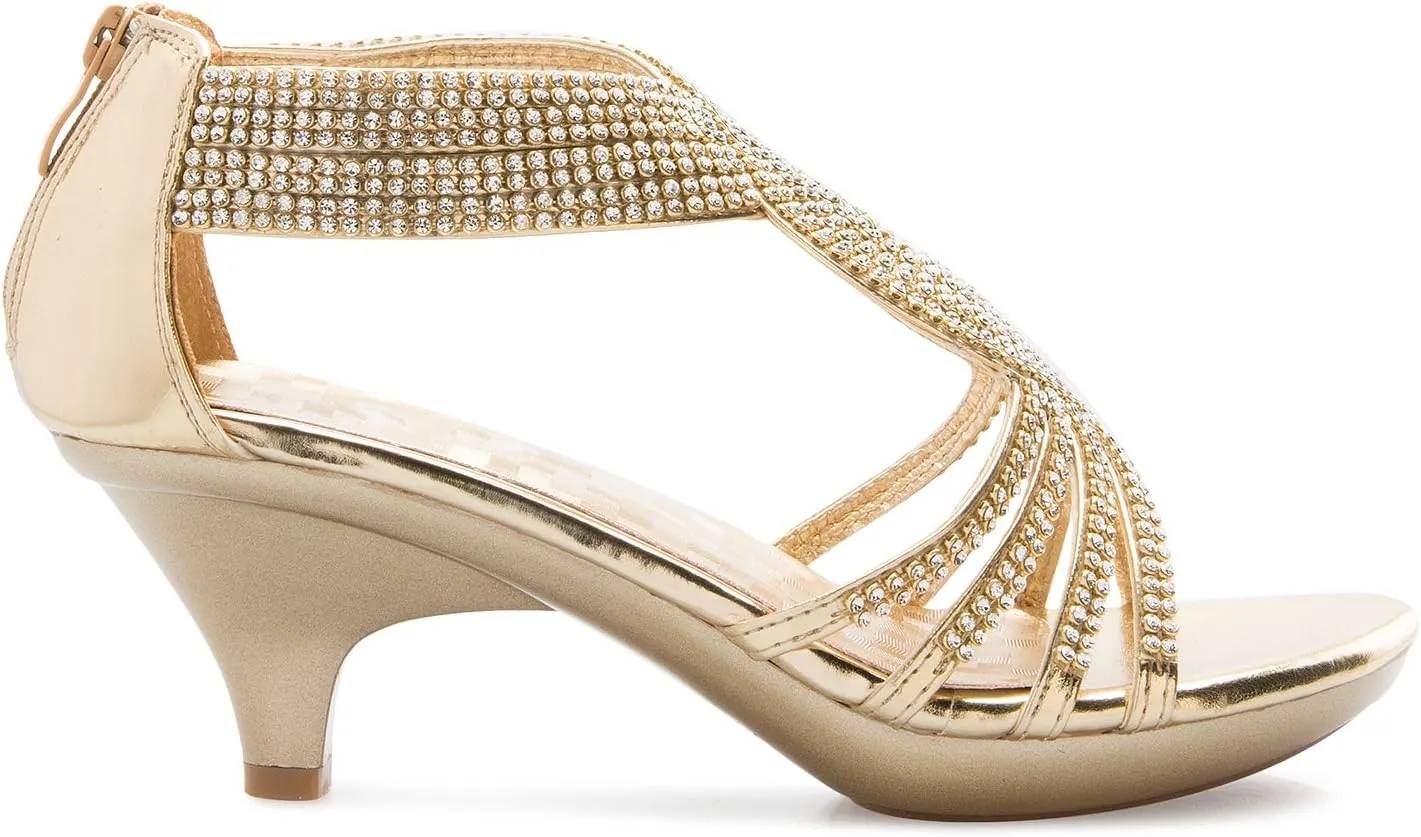 Women's Open Toe Strappy Rhinestone Dress Sandal Low Heel Wedding Shoes