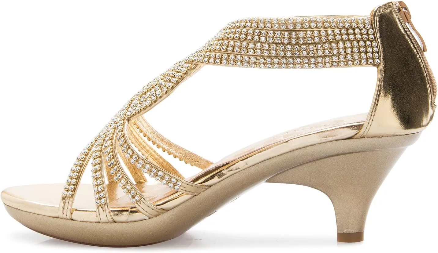 Women's Open Toe Strappy Rhinestone Dress Sandal Low Heel Wedding Shoes