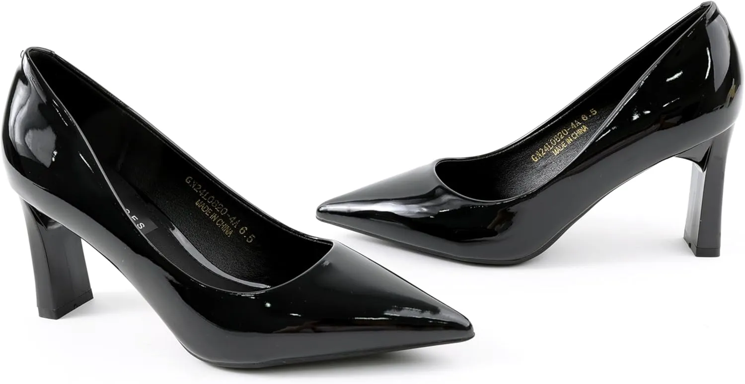 Women's Patent Leather Block Heel Pumps, Pointed-Toe Slip-On Dress Shoes, Comfortable Mid-Heel