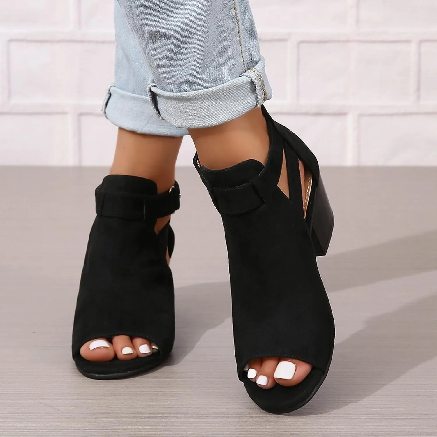 Womens Peep Toe Booties Summer Faux Suede Cutout Chunky Heels Sandals Side Ankle Strap Dress Sandals with Back Zipper