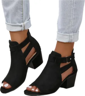 Womens Peep Toe Booties Summer Faux Suede Cutout Chunky Heels Sandals Side Ankle Strap Dress Sandals with Back Zipper