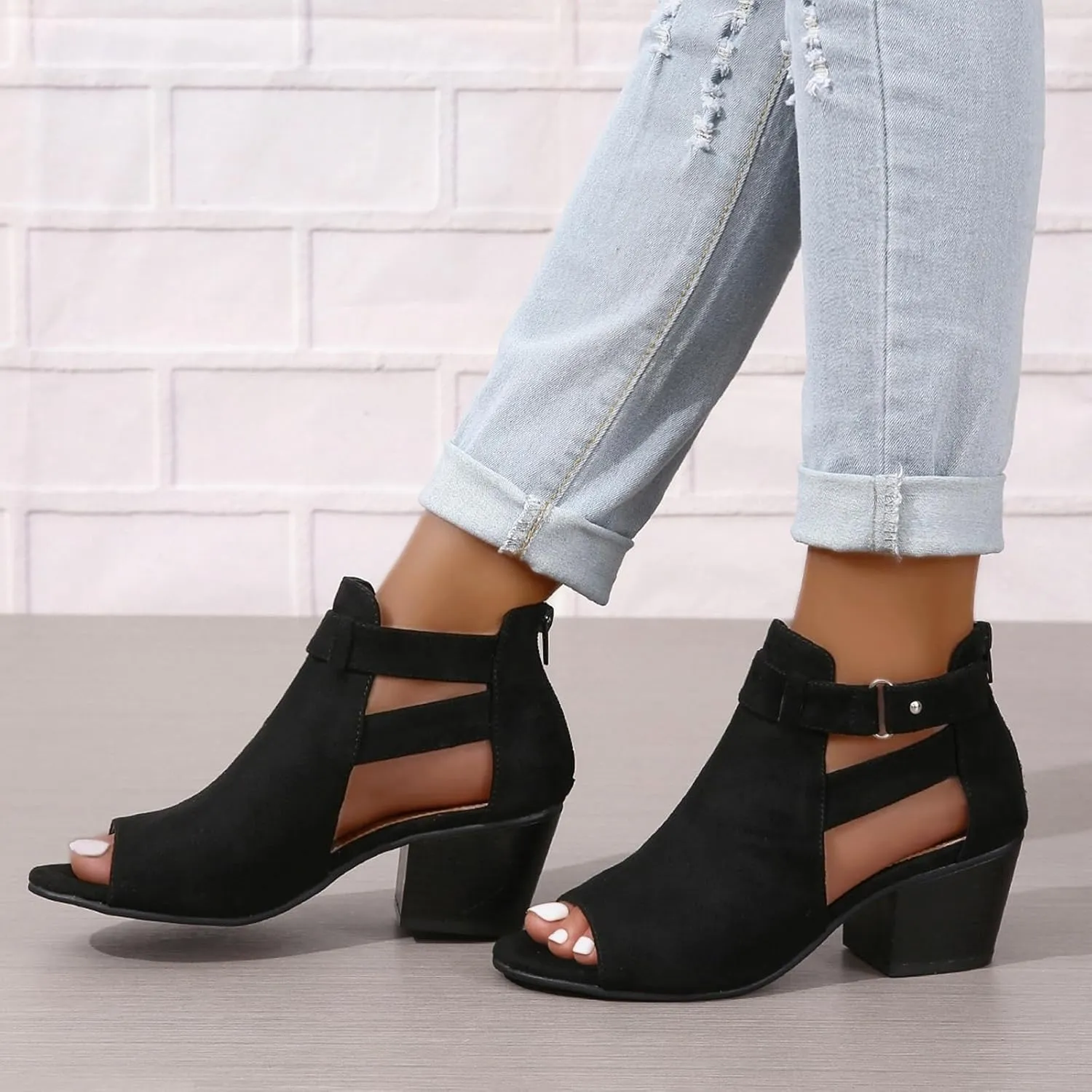 Womens Peep Toe Booties Summer Faux Suede Cutout Chunky Heels Sandals Side Ankle Strap Dress Sandals with Back Zipper
