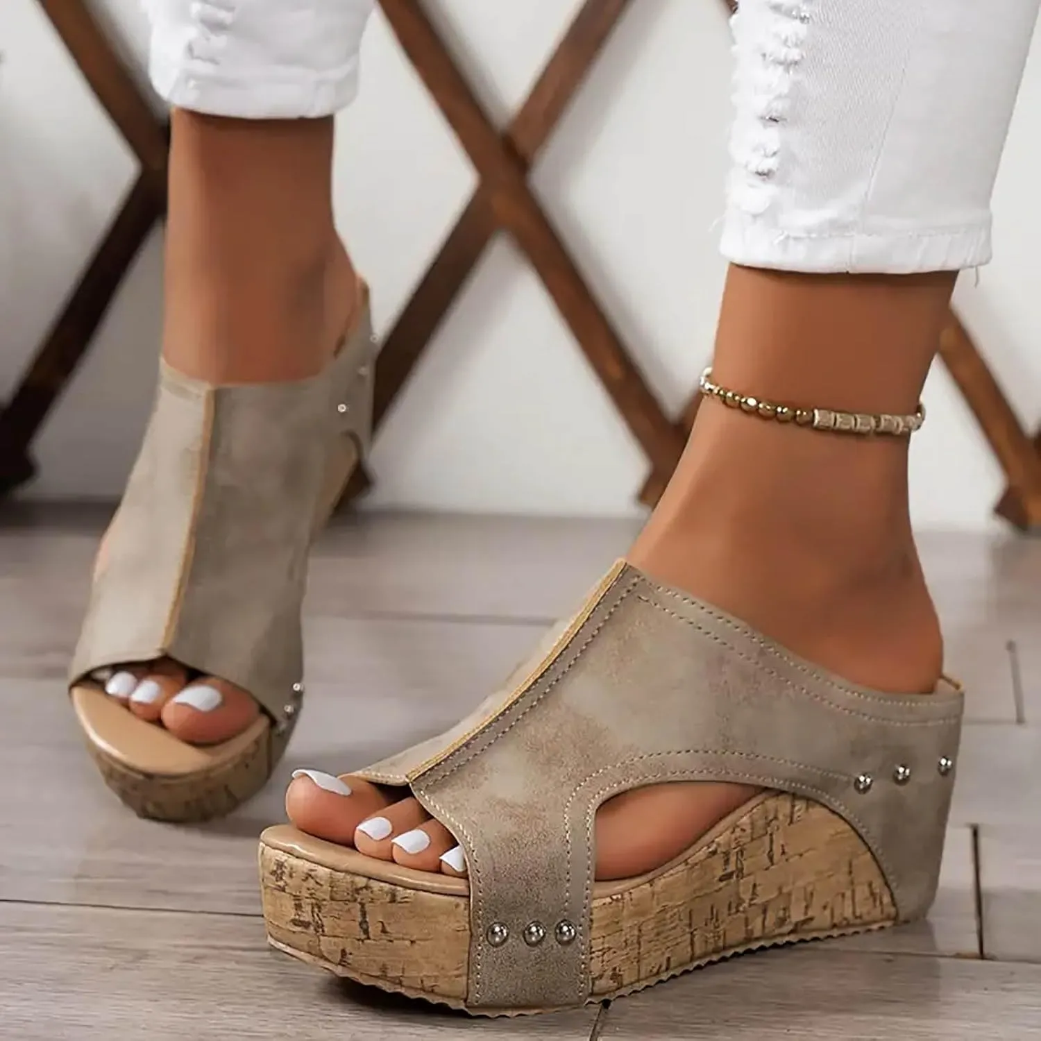 Women's Platform Wedge Sandals Open Toe Slip On Slides Cork Heeled Cutout Comfortable Slide Sandals Casual Dressy Summer Shoes