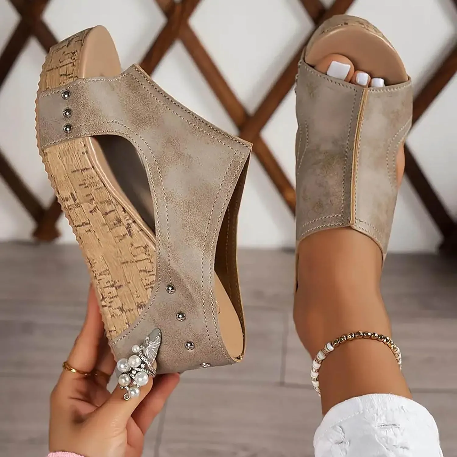 Women's Platform Wedge Sandals Open Toe Slip On Slides Cork Heeled Cutout Comfortable Slide Sandals Casual Dressy Summer Shoes