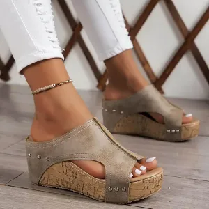 Women's Platform Wedge Sandals Open Toe Slip On Slides Cork Heeled Cutout Comfortable Slide Sandals Casual Dressy Summer Shoes