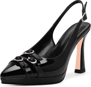 Women's Pointed Toe Slingback Platform High Heel Pumps Slip On 3.94 Inch Buckle Strap Adjustable Patent Leather US Size 6-12