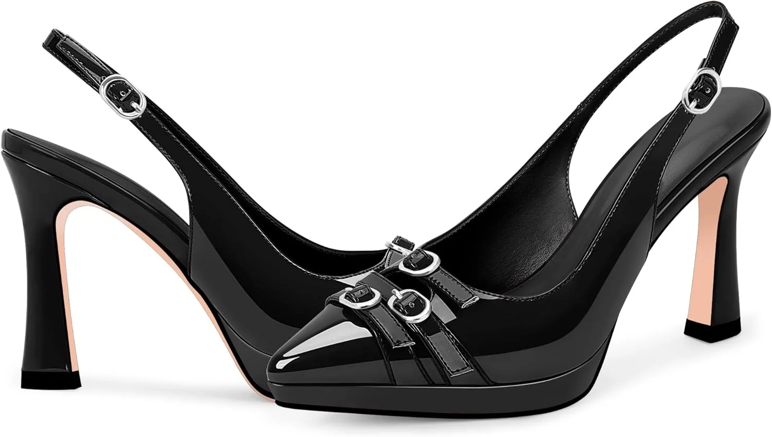 Women's Pointed Toe Slingback Platform High Heel Pumps Slip On 3.94 Inch Buckle Strap Adjustable Patent Leather US Size 6-12