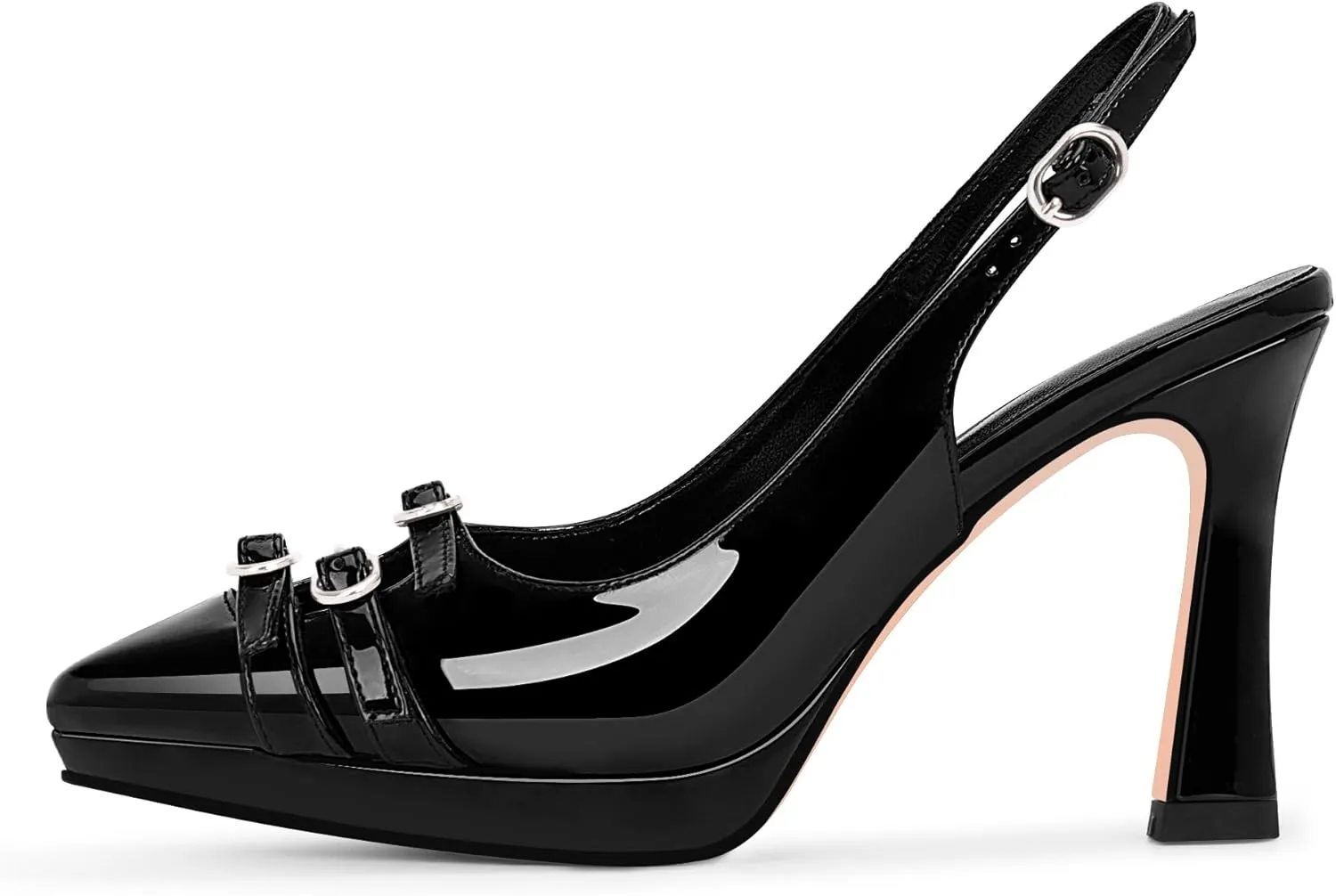 Women's Pointed Toe Slingback Platform High Heel Pumps Slip On 3.94 Inch Buckle Strap Adjustable Patent Leather US Size 6-12