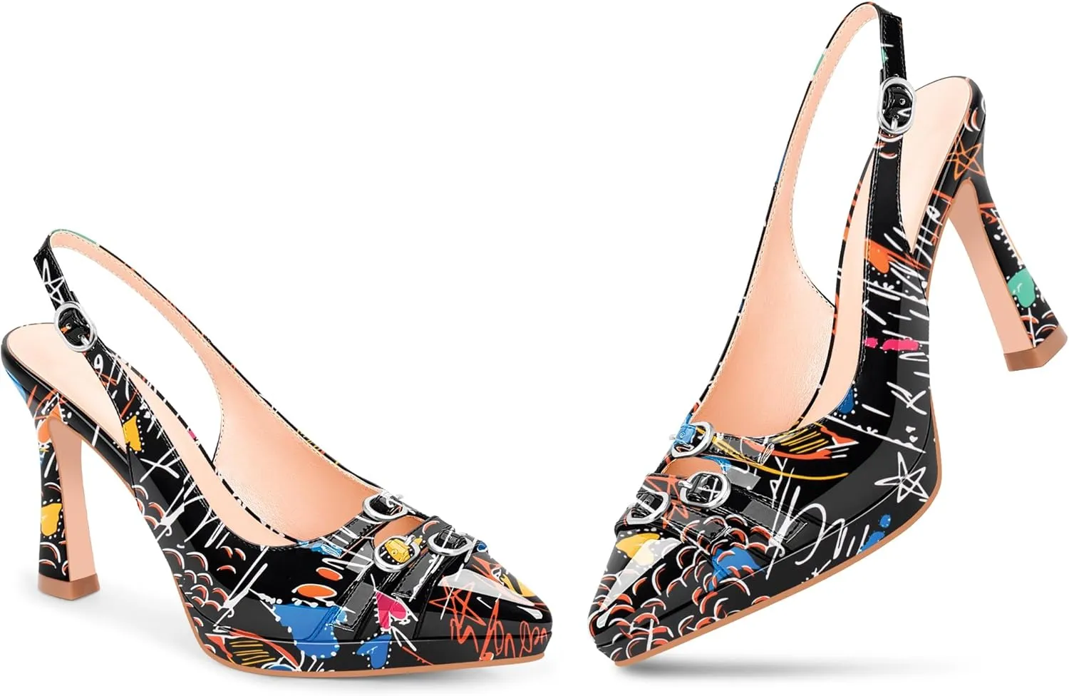 Women's Pointed Toe Slingback Platform High Heel Pumps Slip On 3.94 Inch Buckle Strap Adjustable Patent Leather US Size 6-12