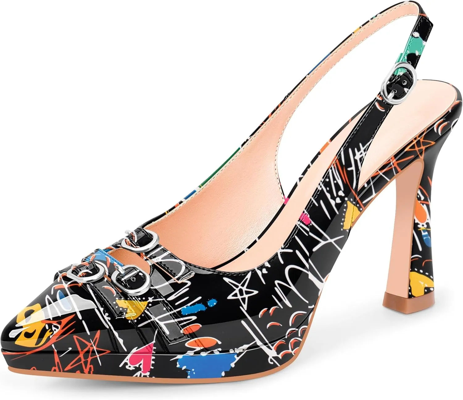 Women's Pointed Toe Slingback Platform High Heel Pumps Slip On 3.94 Inch Buckle Strap Adjustable Patent Leather US Size 6-12