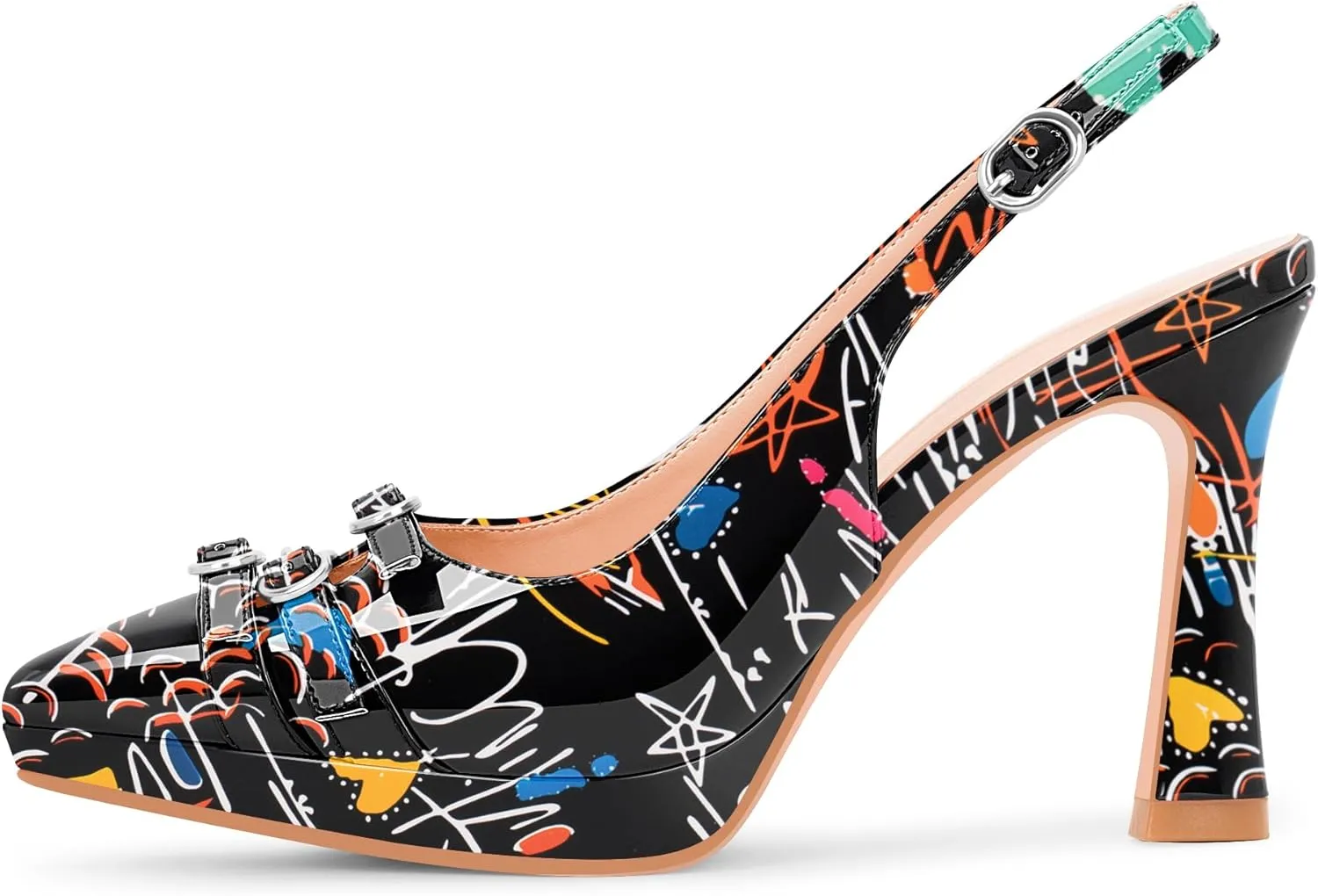 Women's Pointed Toe Slingback Platform High Heel Pumps Slip On 3.94 Inch Buckle Strap Adjustable Patent Leather US Size 6-12
