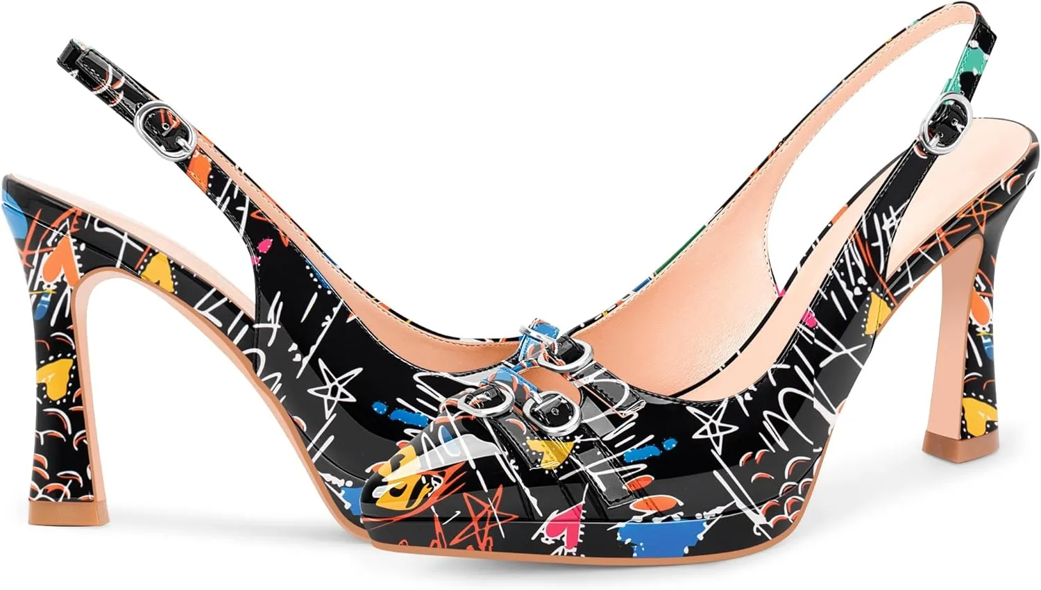 Women's Pointed Toe Slingback Platform High Heel Pumps Slip On 3.94 Inch Buckle Strap Adjustable Patent Leather US Size 6-12