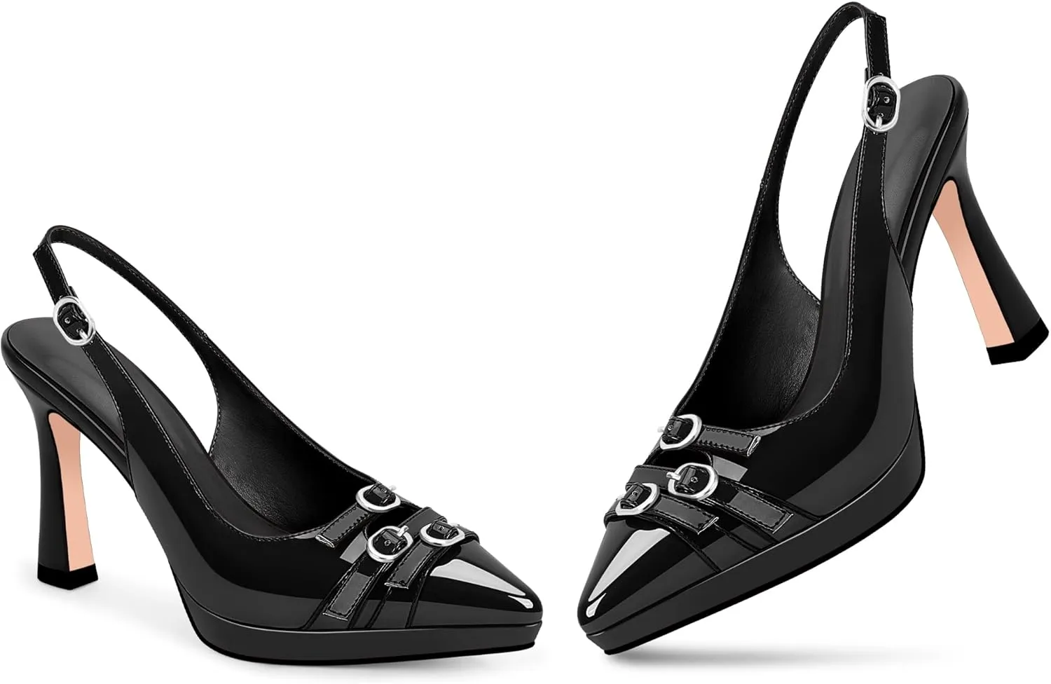Women's Pointed Toe Slingback Platform High Heel Pumps Slip On 3.94 Inch Buckle Strap Adjustable Patent Leather US Size 6-12