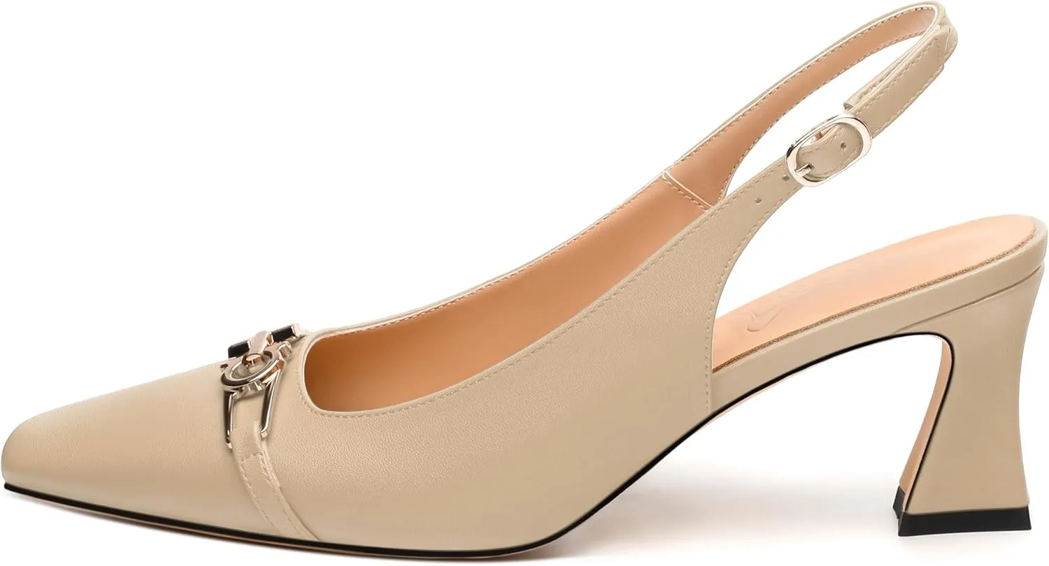 Womens Pumps, Small Square Toe Mid Small Block Heel Slingback Pumps for Women, Leather Insole Dress Pumps with Metal Buckle for Working 2.5"
