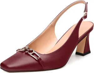 Womens Pumps, Small Square Toe Mid Small Block Heel Slingback Pumps for Women, Leather Insole Dress Pumps with Metal Buckle for Working 2.5"