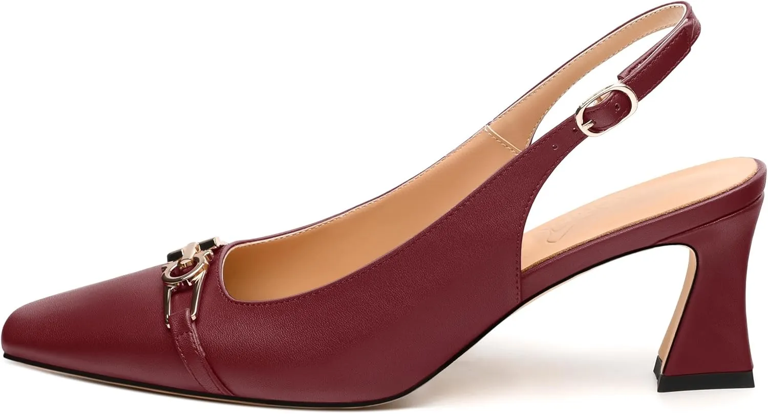 Womens Pumps, Small Square Toe Mid Small Block Heel Slingback Pumps for Women, Leather Insole Dress Pumps with Metal Buckle for Working 2.5"