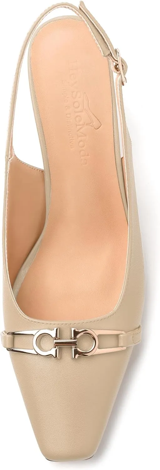 Womens Pumps, Small Square Toe Mid Small Block Heel Slingback Pumps for Women, Leather Insole Dress Pumps with Metal Buckle for Working 2.5"