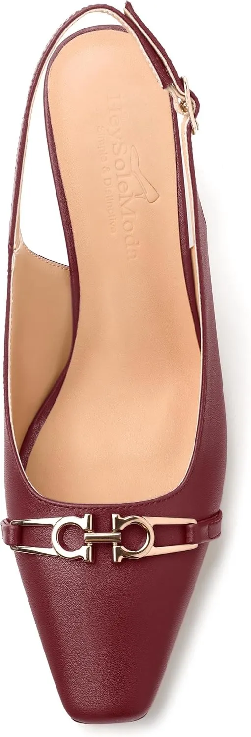 Womens Pumps, Small Square Toe Mid Small Block Heel Slingback Pumps for Women, Leather Insole Dress Pumps with Metal Buckle for Working 2.5"