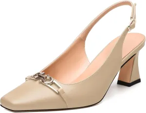 Womens Pumps, Small Square Toe Mid Small Block Heel Slingback Pumps for Women, Leather Insole Dress Pumps with Metal Buckle for Working 2.5"