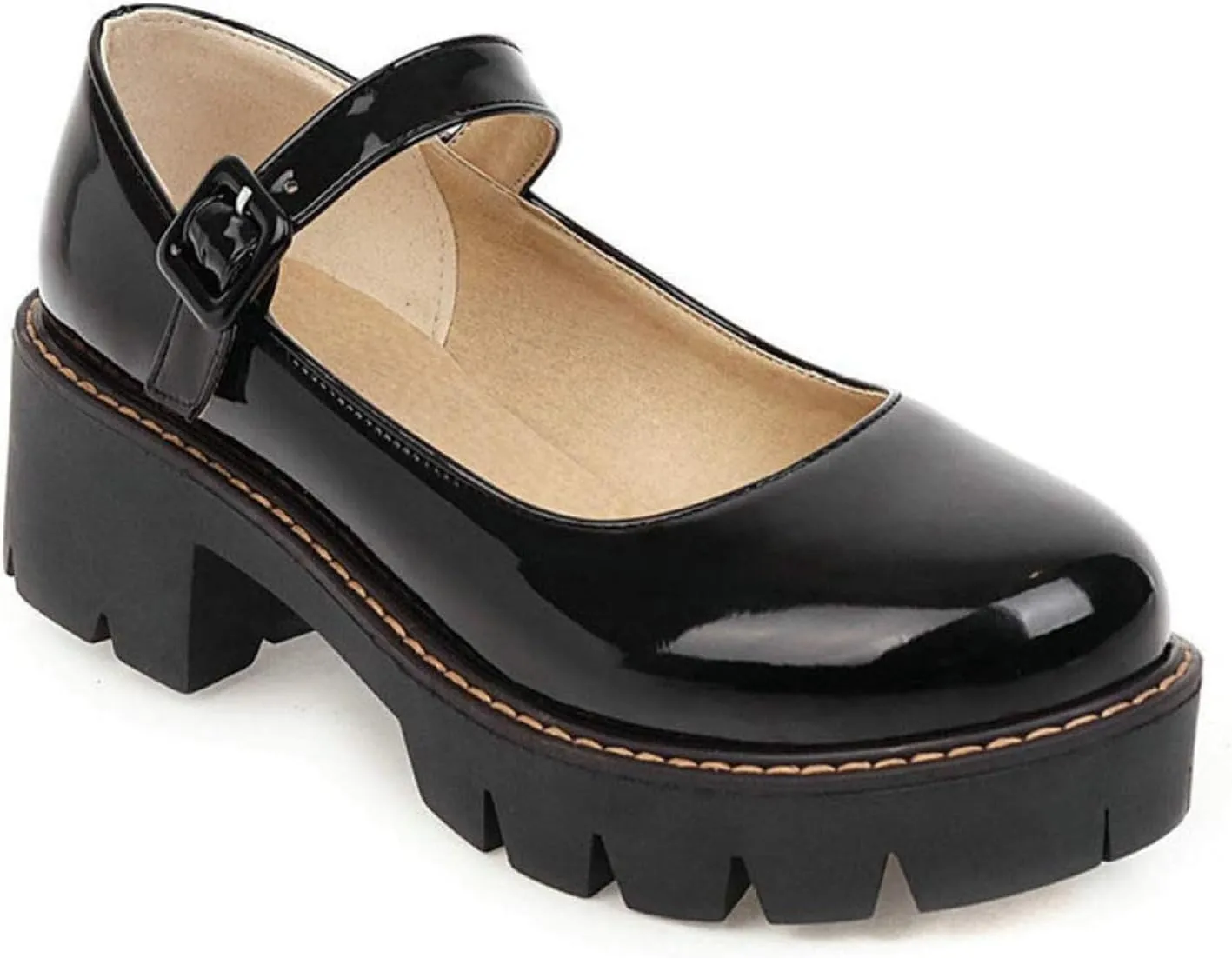 Women's Round Toe Ankle Strap Mary Janes Platform Low Heel Chunky Pumps Oxford Dress Shoes