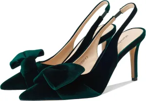 Women's Slingback Heels with Bow Leather Pointed Toe Pumps with Elasticated Strap 3.3" High Heels Evening Comfy Dress Shoes
