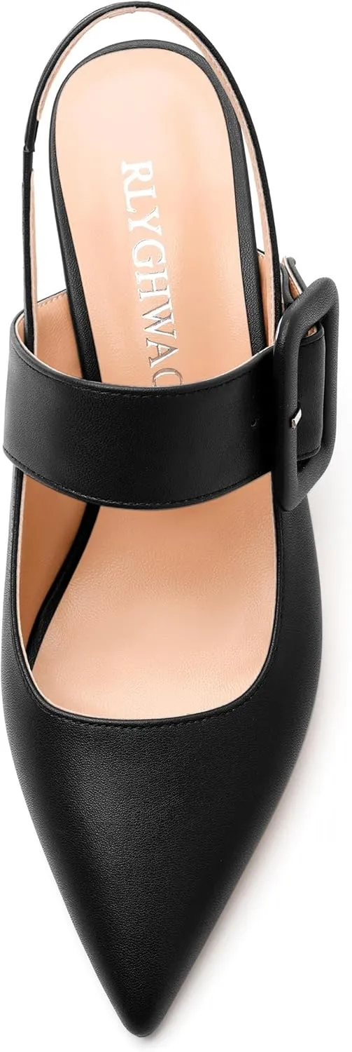 Women's Slingback Pumps, Pointed Toe Mid Heels, Adjustable Buckle Fashion Solid Color Chunky Heel Shoes for Women