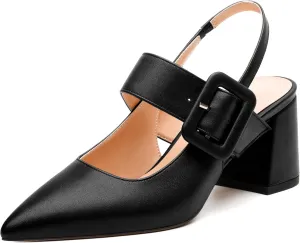 Women's Slingback Pumps, Pointed Toe Mid Heels, Adjustable Buckle Fashion Solid Color Chunky Heel Shoes for Women