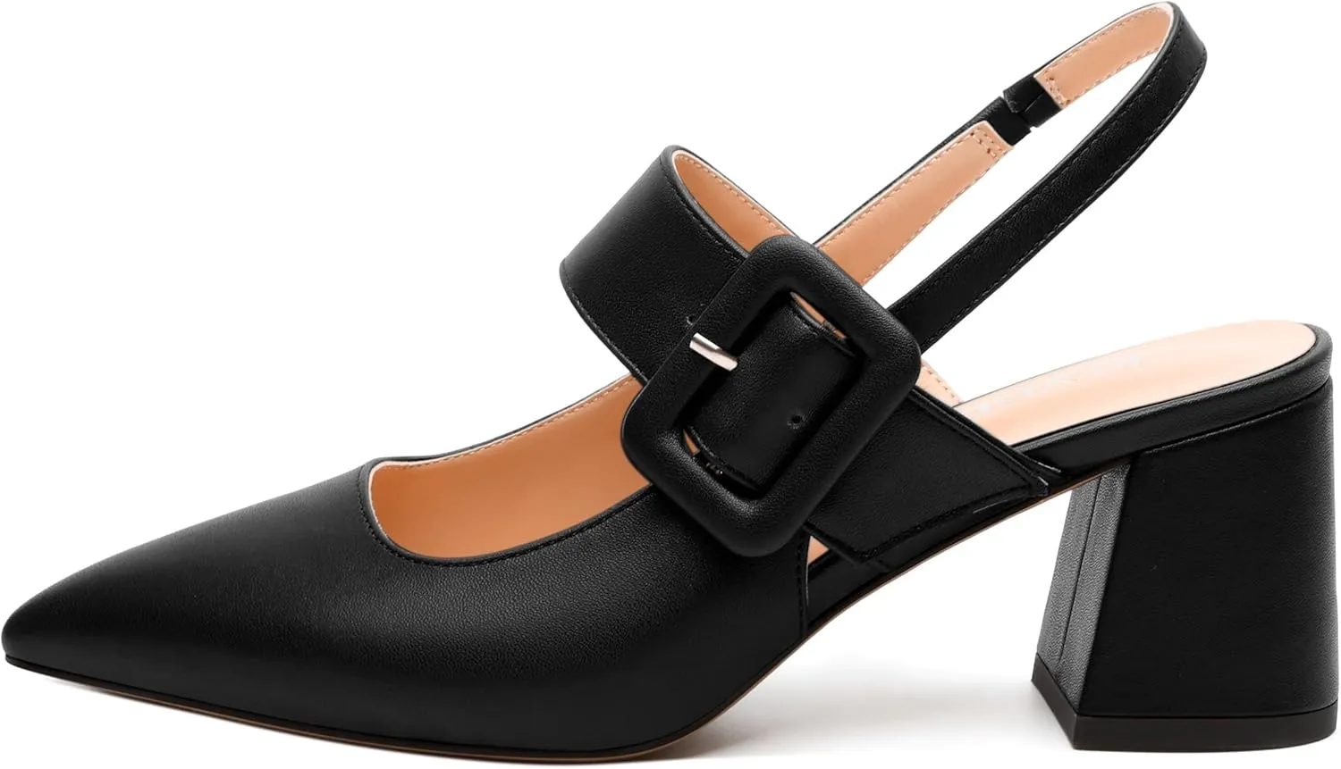 Women's Slingback Pumps, Pointed Toe Mid Heels, Adjustable Buckle Fashion Solid Color Chunky Heel Shoes for Women
