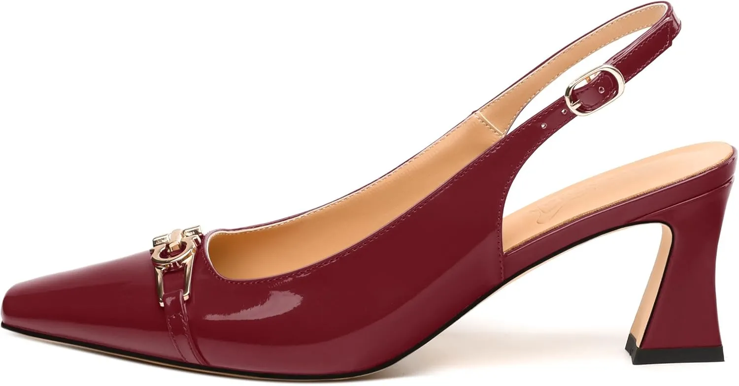 Womens Slingback Pumps, Small Square Toe and Chunky Heel Pumps with Metal Buckle, Leather Insole Comfort Slingbakc Daily Work Pumps 2.5"