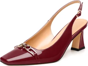 Womens Slingback Pumps, Small Square Toe and Chunky Heel Pumps with Metal Buckle, Leather Insole Comfort Slingbakc Daily Work Pumps 2.5"