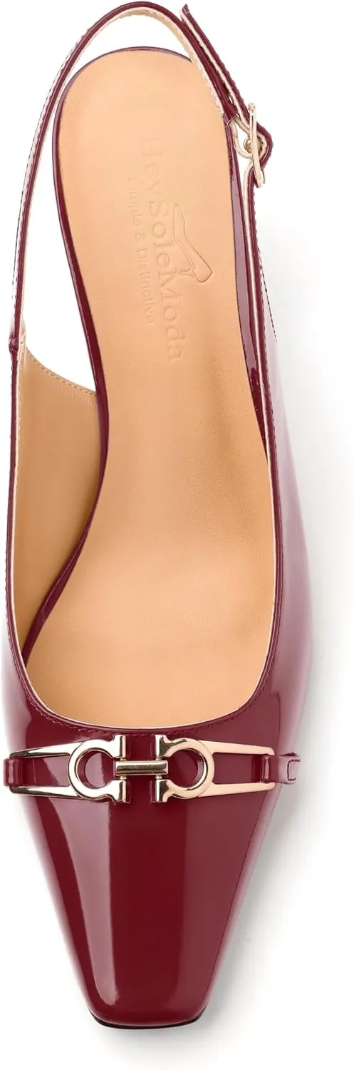 Womens Slingback Pumps, Small Square Toe and Chunky Heel Pumps with Metal Buckle, Leather Insole Comfort Slingbakc Daily Work Pumps 2.5"