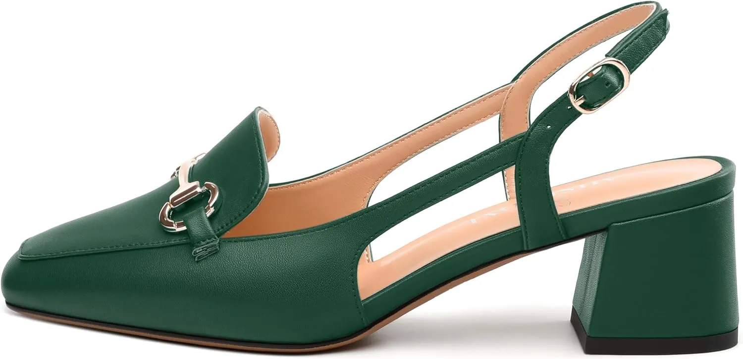 Womens Slingback Pumps, Square Toe Mid Block Heel Slingbacks for Women, Chunky Heel Pumps with Metal Buckle 2"