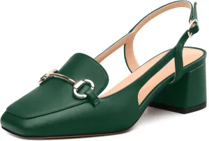 Womens Slingback Pumps, Square Toe Mid Block Heel Slingbacks for Women, Chunky Heel Pumps with Metal Buckle 2"