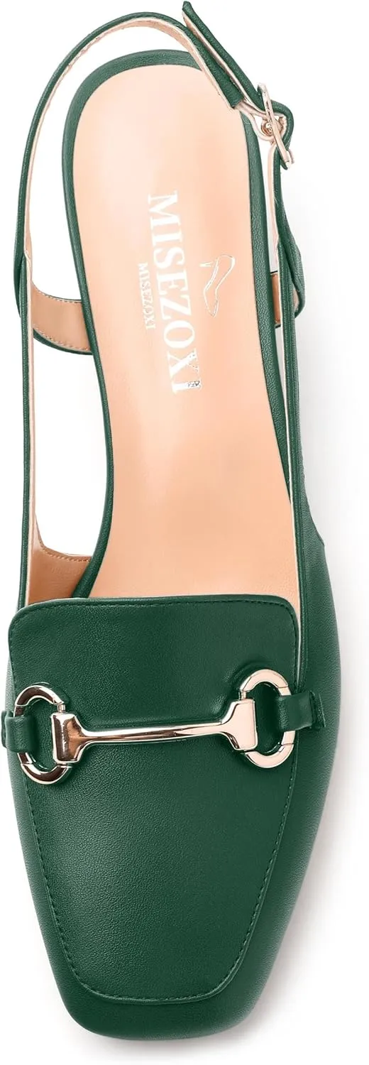 Womens Slingback Pumps, Square Toe Mid Block Heel Slingbacks for Women, Chunky Heel Pumps with Metal Buckle 2"