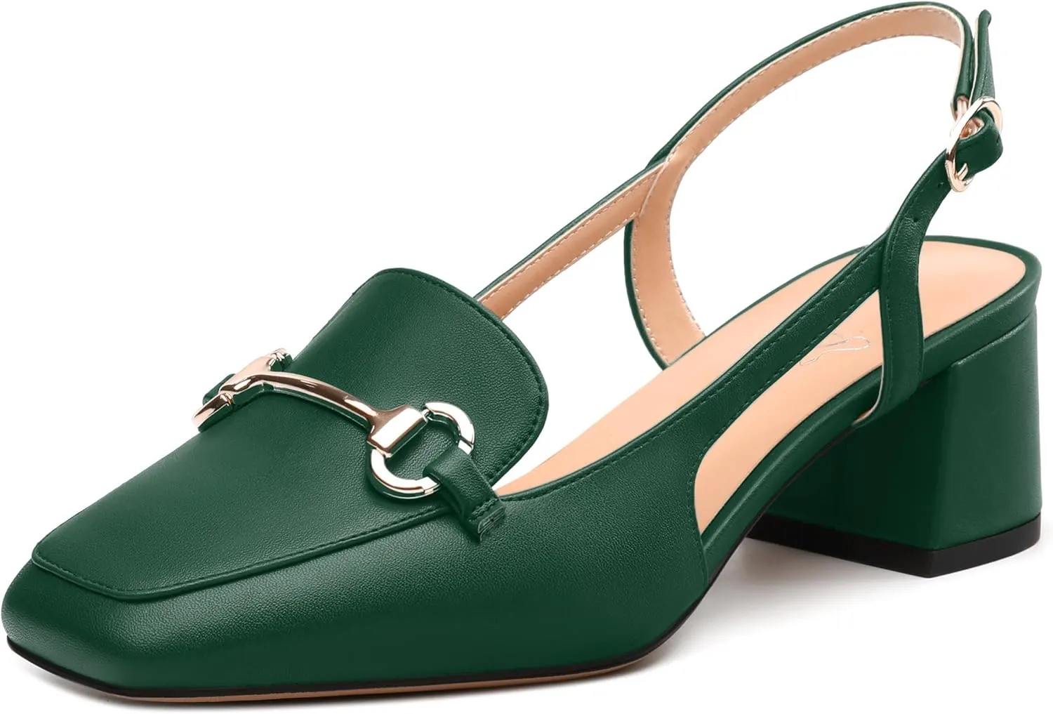 Womens Slingback Pumps, Square Toe Mid Block Heel Slingbacks for Women, Chunky Heel Pumps with Metal Buckle 2"